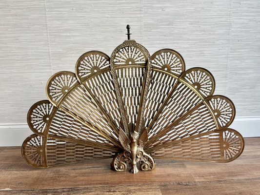 Elegance and History Unfold: Antique Brass Peacock Folding Fireplace Screens