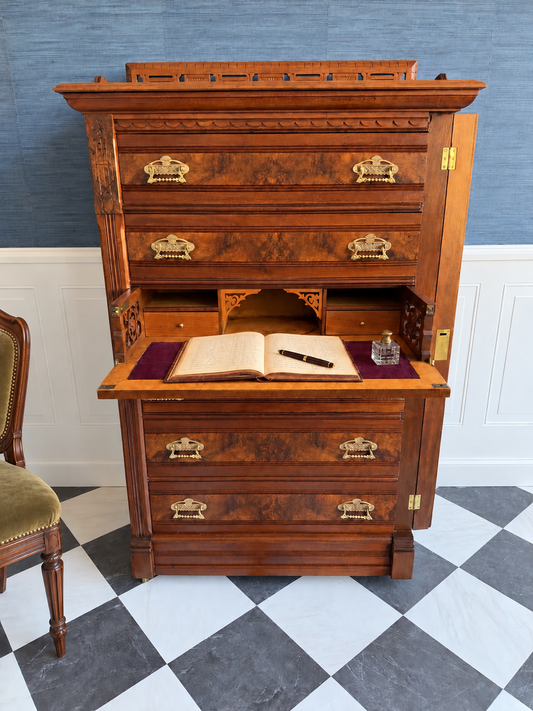 Antique 19th Century Eastlake Secretaire Chest | Side-Locking Burl Walnut Chest with Hidden Writing Desk