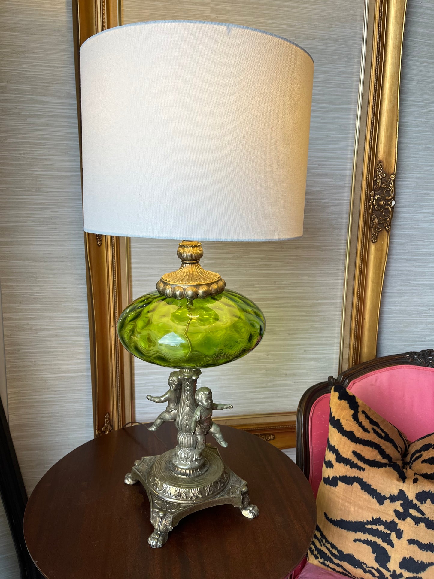 Beautiful Vintage Italian Empoli Green Glass Cherub Table Lamp