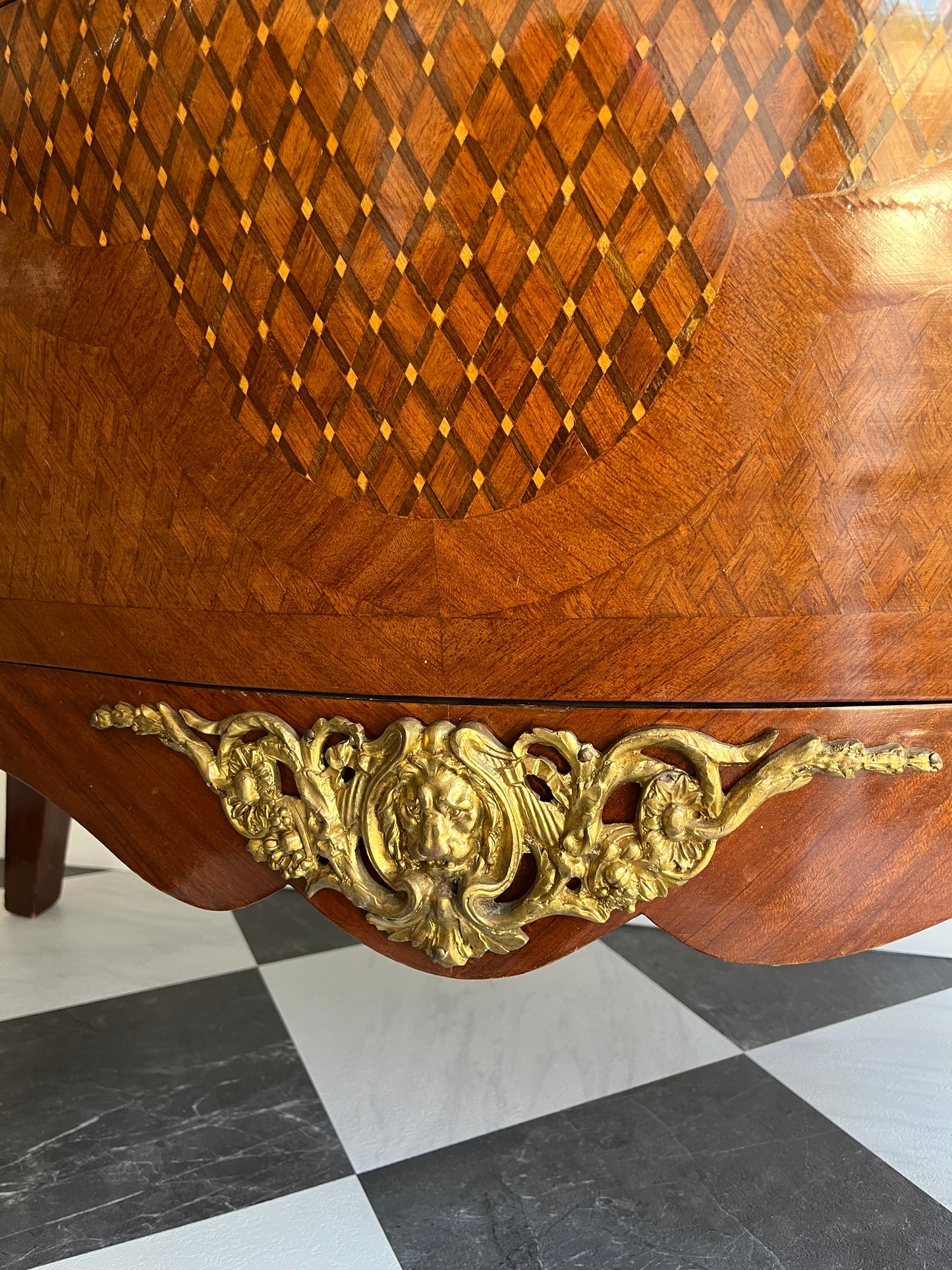 Vintage French Marquetry Bombe Commode Chest Dresser with Green Marble Top & Gilt Brass