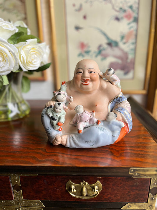 Antique Chinese Porcelain Laughing Buddha With Children Wealth Fertility Statue