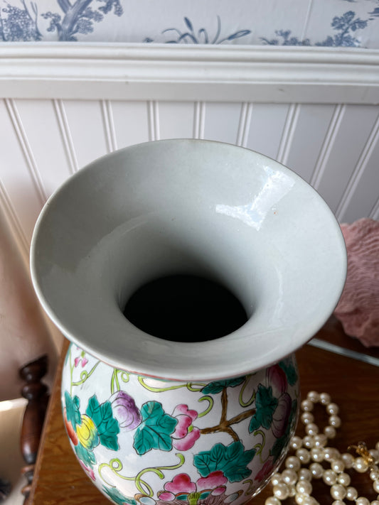 Vintage Chinese Famille Rose Vase with Butterflies Peaches & Florals – Colorful Porcelain for Mantel, Console or Bookshelf Styling