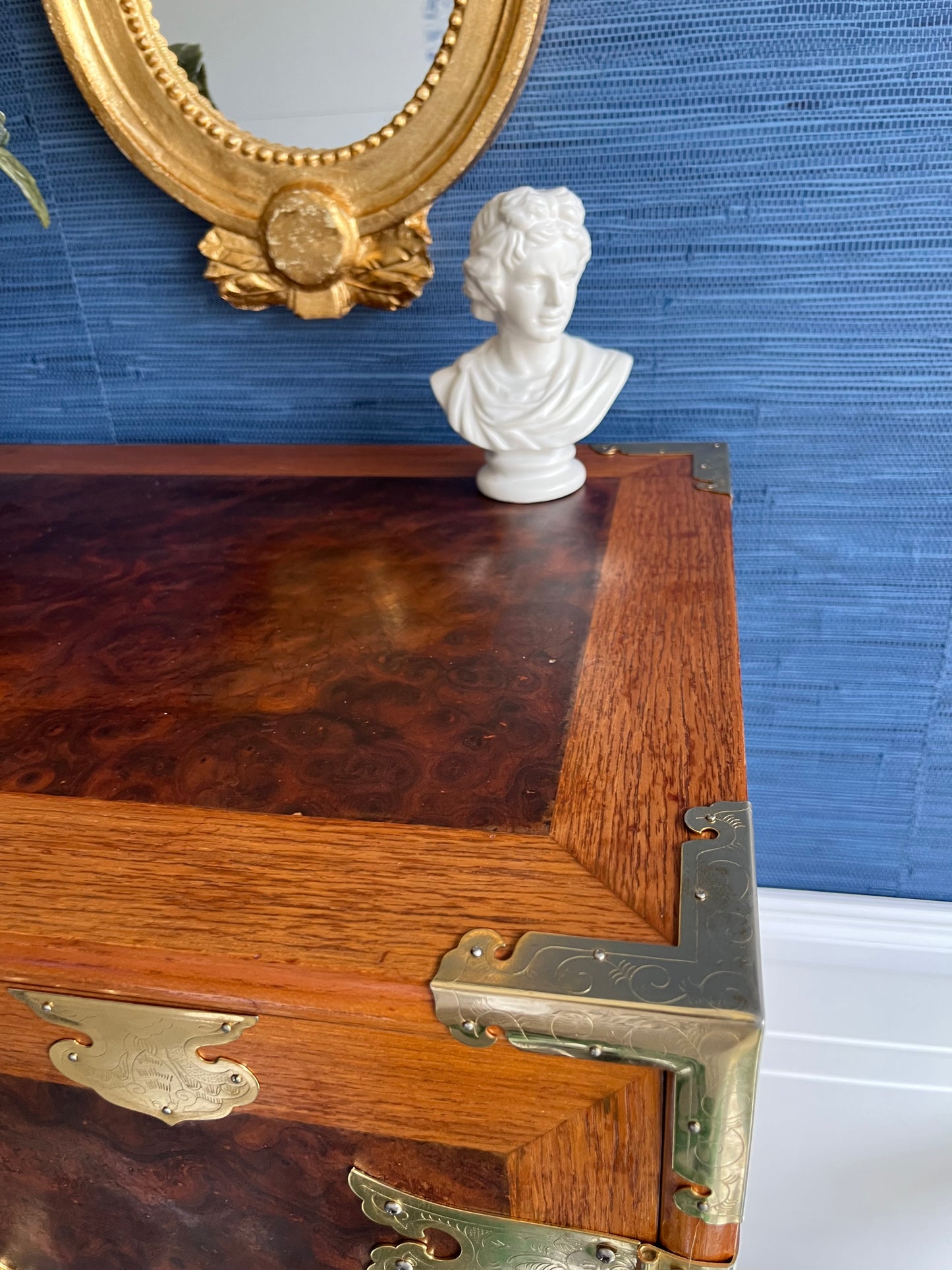Vintage Korean Tansu-Style Cabinet Lingerie Dresser | Burl Wood & Brass Chest-on-Chest