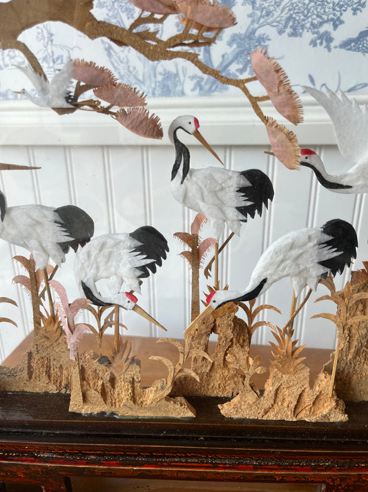 Vintage Glass Encased Chinese Crane Cork & Paper Hand Crafted Diorama
