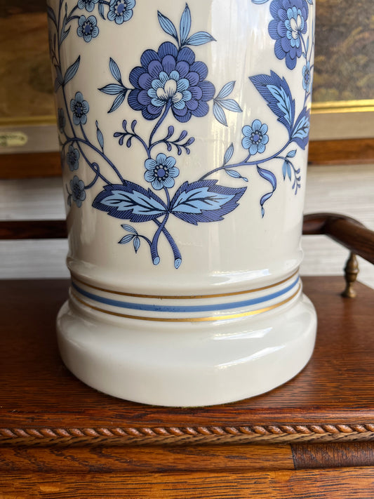 Vintage Porcelain Lamp with Classic Blue & White Floral Print and Pleated Shade
