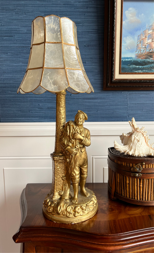 Vintage 1940s Gilded Figural Table Lamp with Capiz Shell Shade