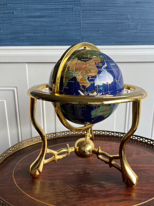Vintage Blue Lapis Gemstone Desktop Globe with Brass Stand – Semi-Precious Stone Inlay