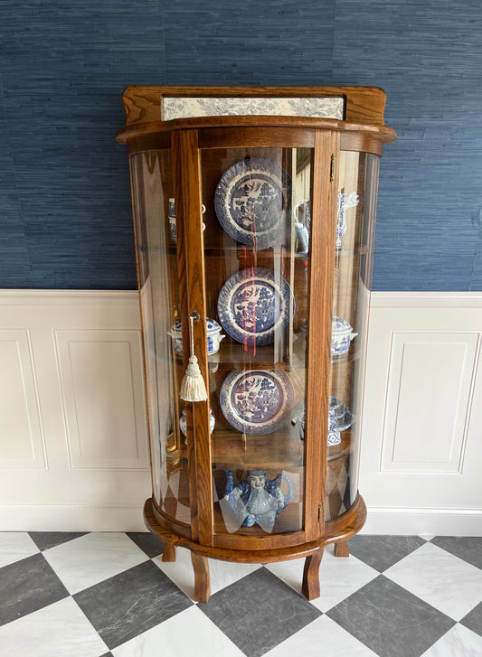Vintage Oak China Curio Cabinet with Curved Glass & Skeleton Key + Lock | Heirloom Display Showcase