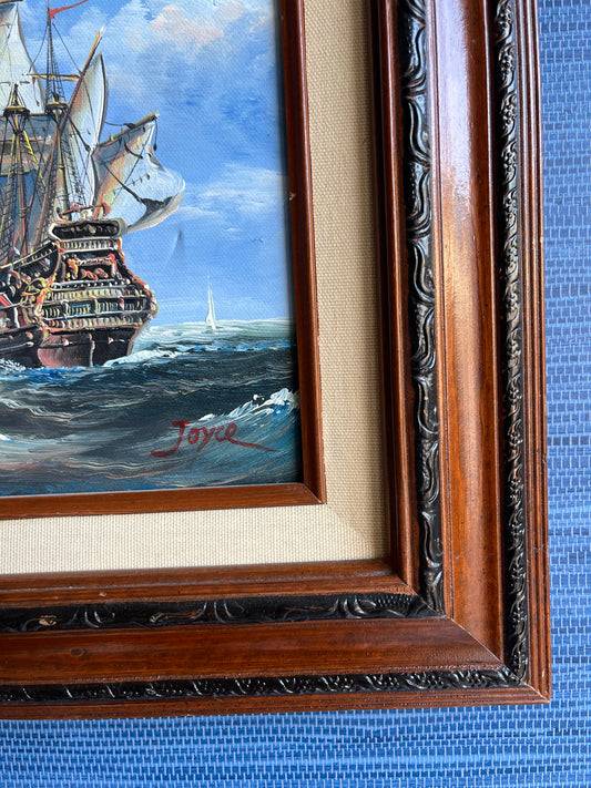 Cannon Fire at Sea – Original Framed Oil Painting of Historic Galleon Ship Battle, Signed Joyce | Wall Art