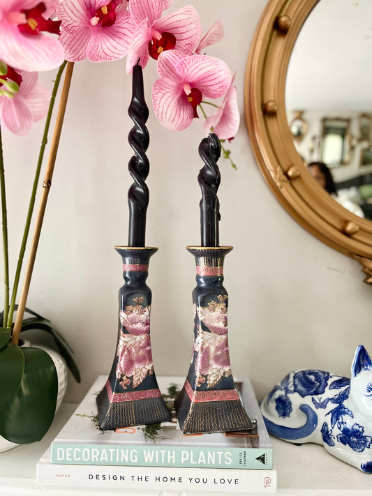 Pair of Vintage Hand Painted Chinoiserie Floral Candlesticks