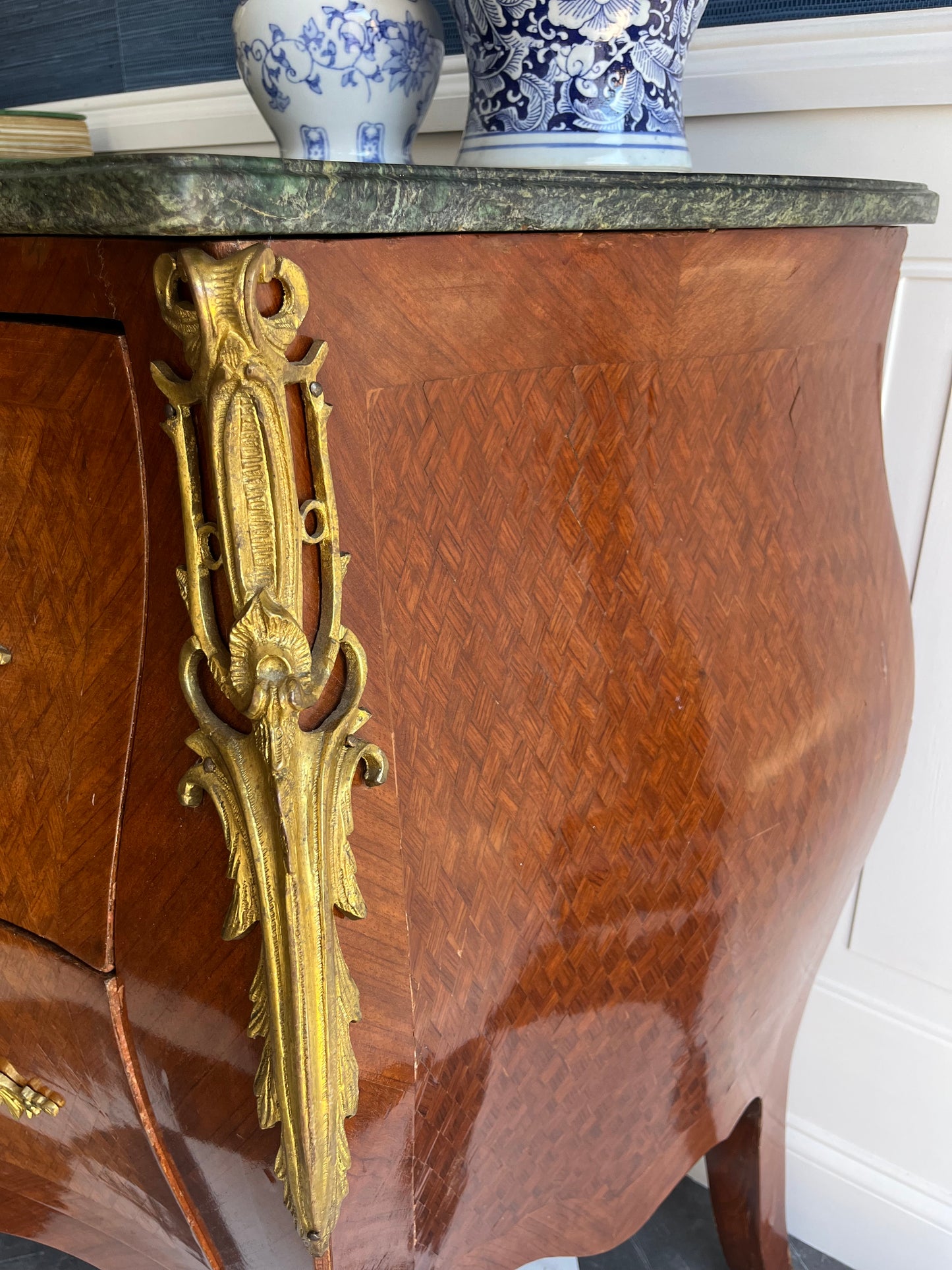 Vintage French Marquetry Bombe Commode Chest Dresser with Green Marble Top & Gilt Brass