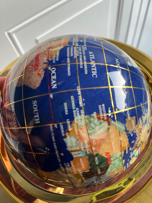 Vintage Blue Lapis Gemstone Desktop Globe with Brass Stand – Semi-Precious Stone Inlay