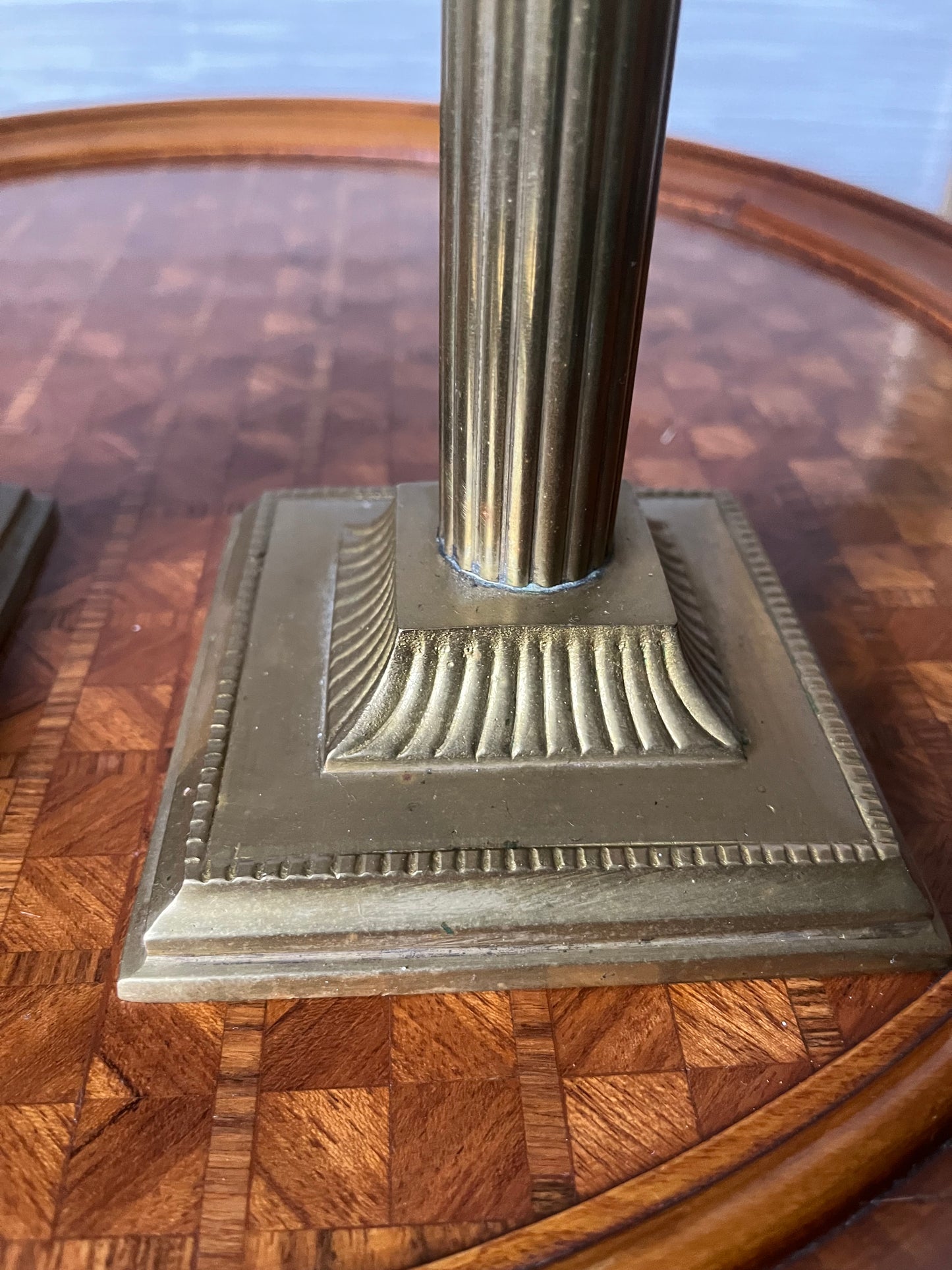 Vintage Neoclassical Brass Greek Corinthian Column Candlestick Holder Pair