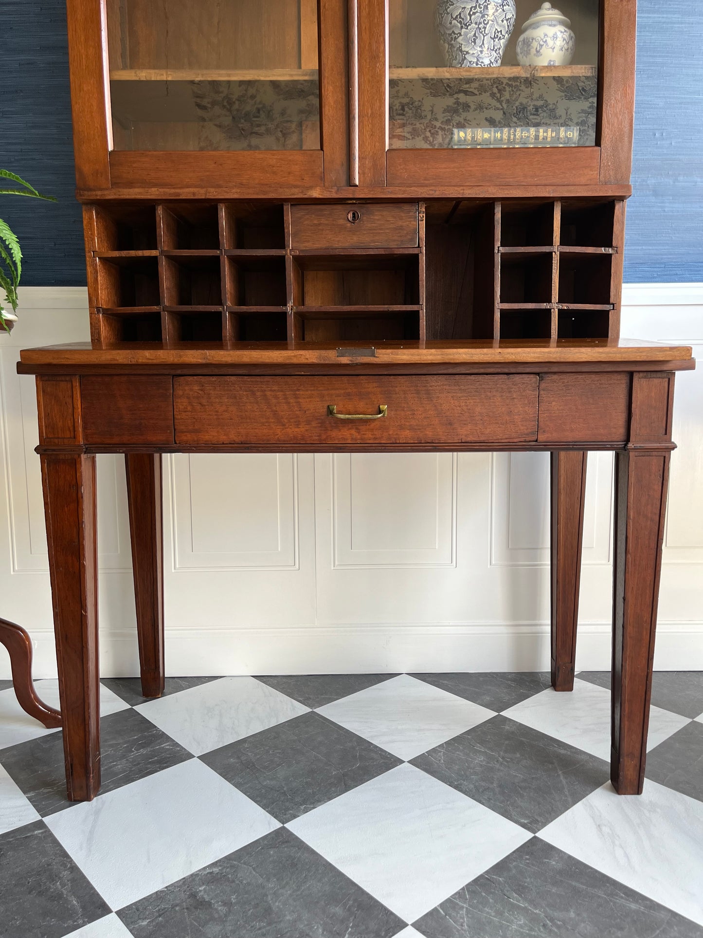 Rare Antique Hand Crafted Secretary Hutch Cabinet Federal Desk with Original Hand Blown Wavy Glass | Adjustable Shelves, Solid Walnut, Circa 1850s