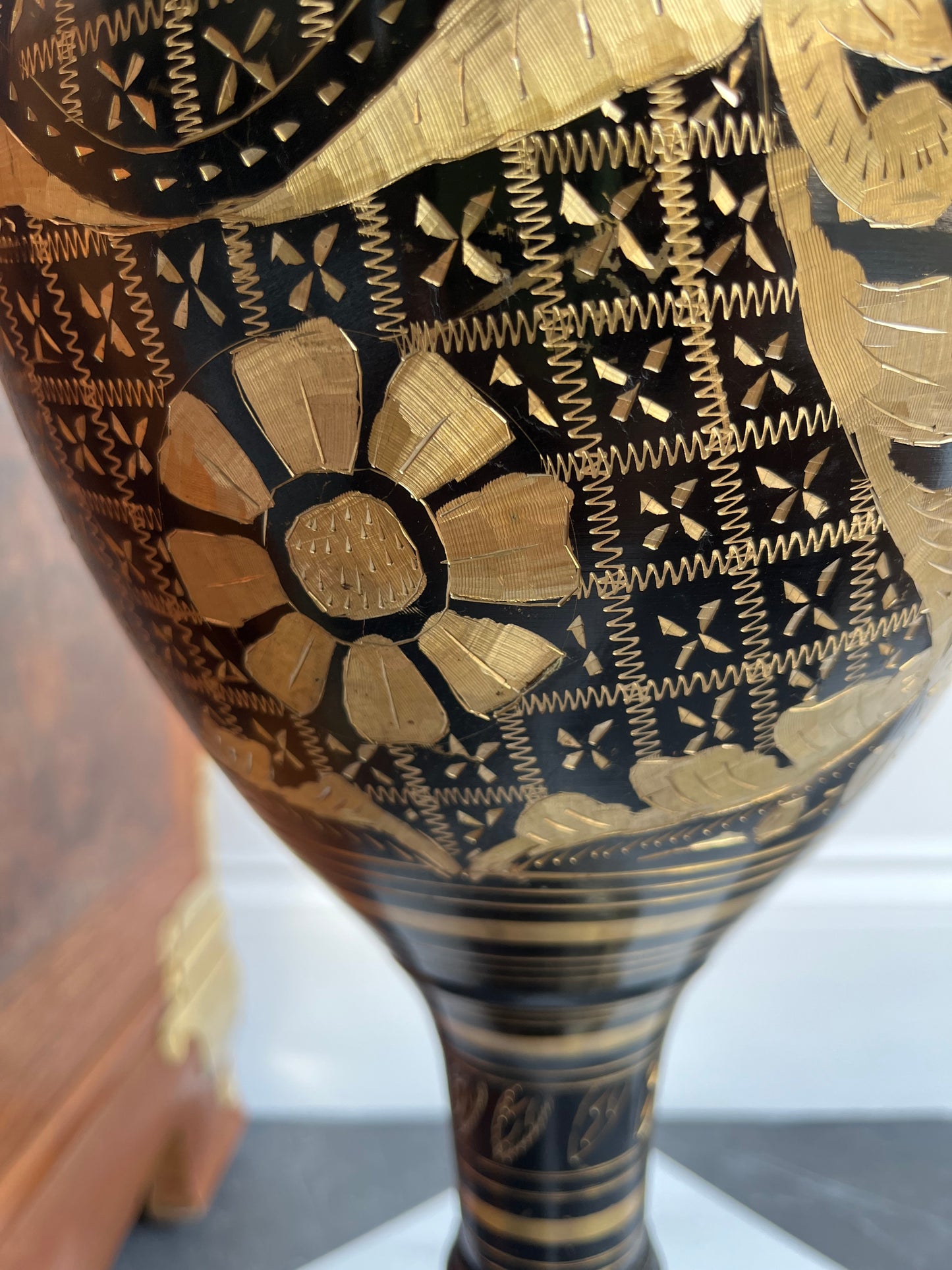 24” Hand-Etched Black & Gold Brass & Enamel Floor Vase – Statement Planter or Decorative Entryway Accent