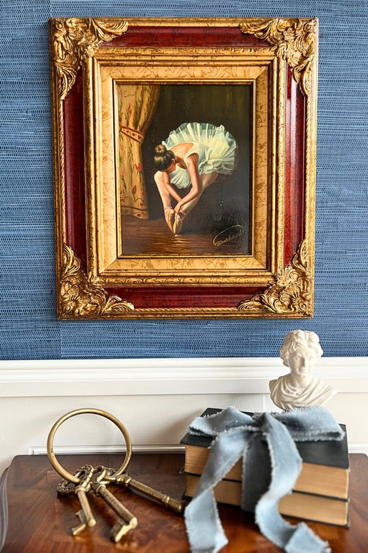 Vintage 1960s Oil On Board Framed Painting of Ballerina Tying Slippers