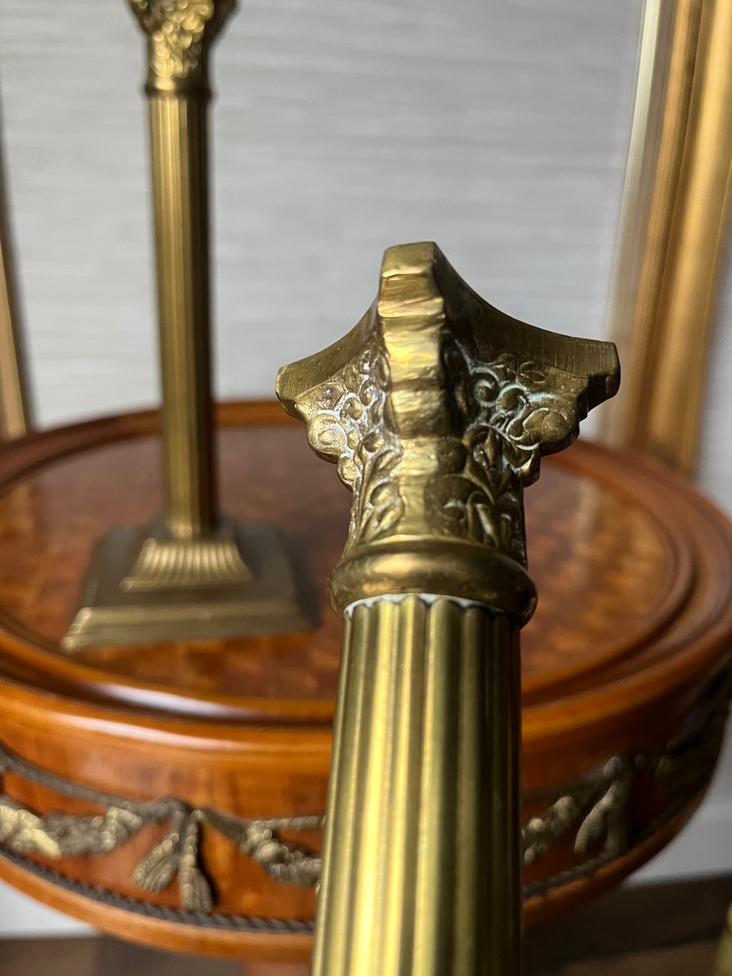 Vintage Neoclassical Brass Greek Corinthian Column Candlestick Holder Pair