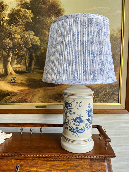 Vintage Porcelain Lamp with Classic Blue & White Floral Print and Pleated Shade