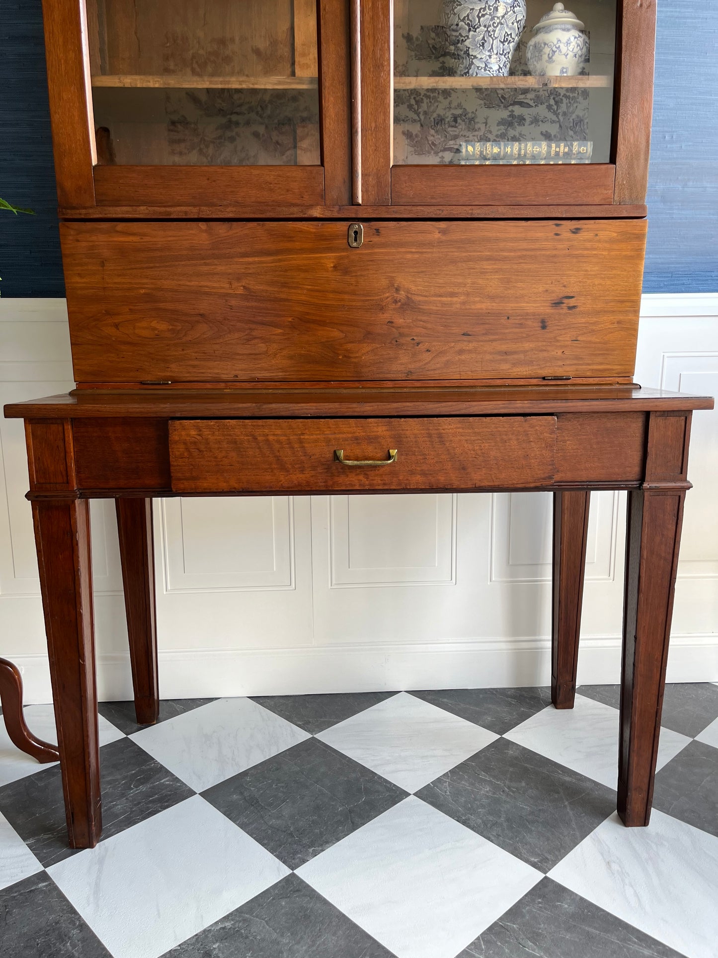 Rare Antique Hand Crafted Secretary Hutch Cabinet Federal Desk with Original Hand Blown Wavy Glass | Adjustable Shelves, Solid Walnut, Circa 1850s