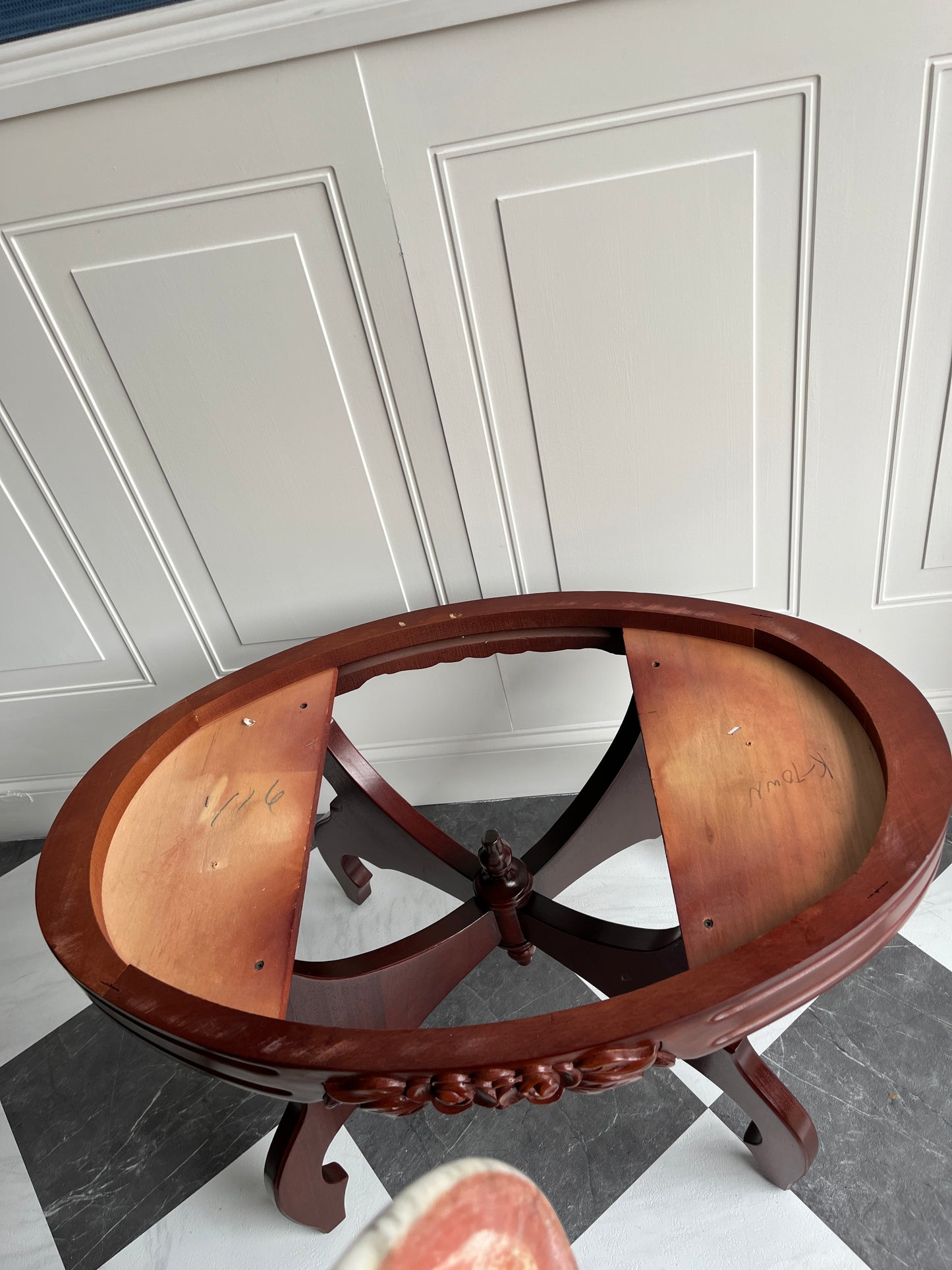 Vintage Italian Marble Top Floral Carved Mahogany Coffee Table | Mid Century Victorian Revival