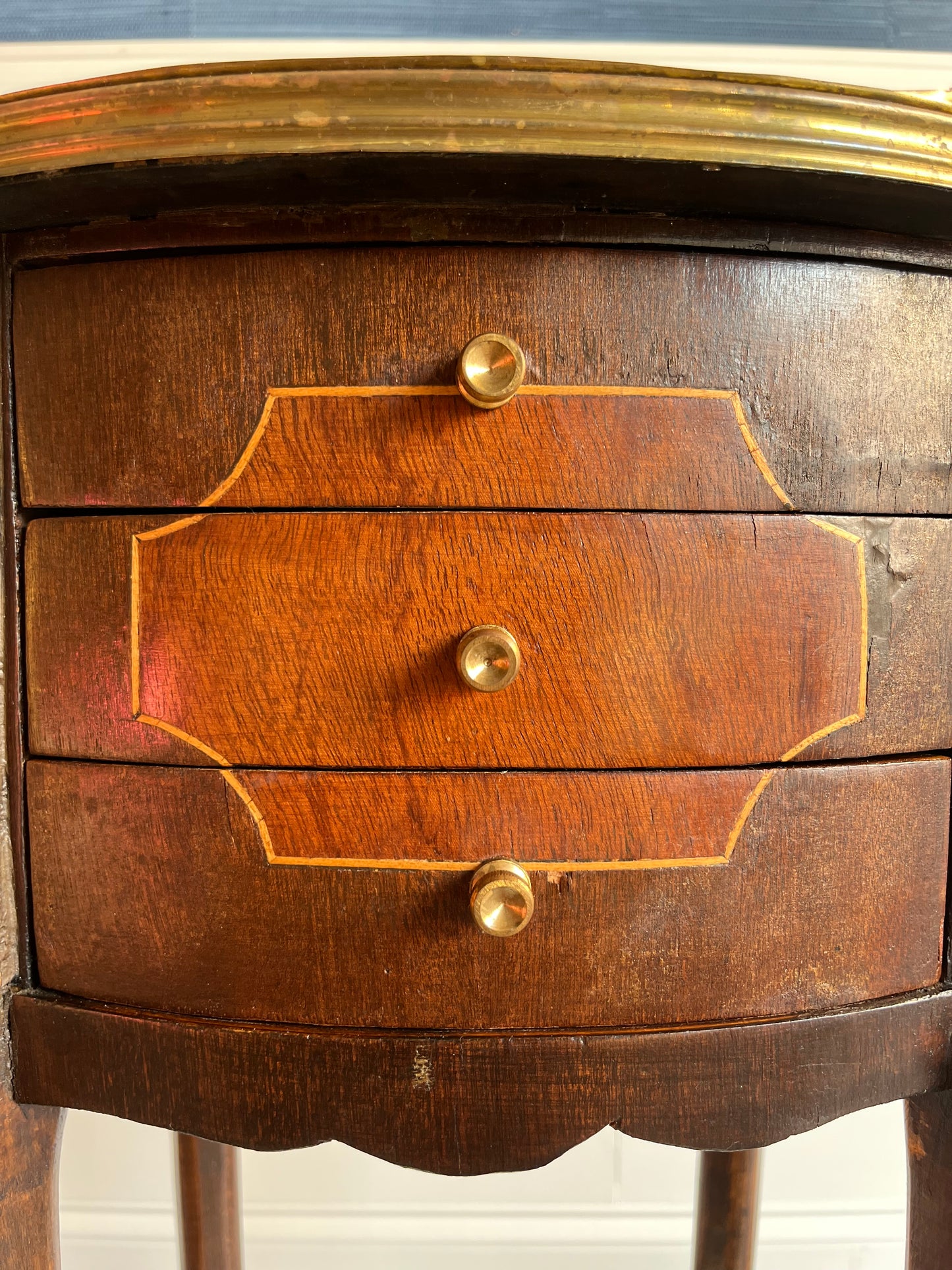 Petite Vintage French Marquetry Side Accent Table with Brass Ormolu Ribbons & Gallery Trim | Nightstand, End Table