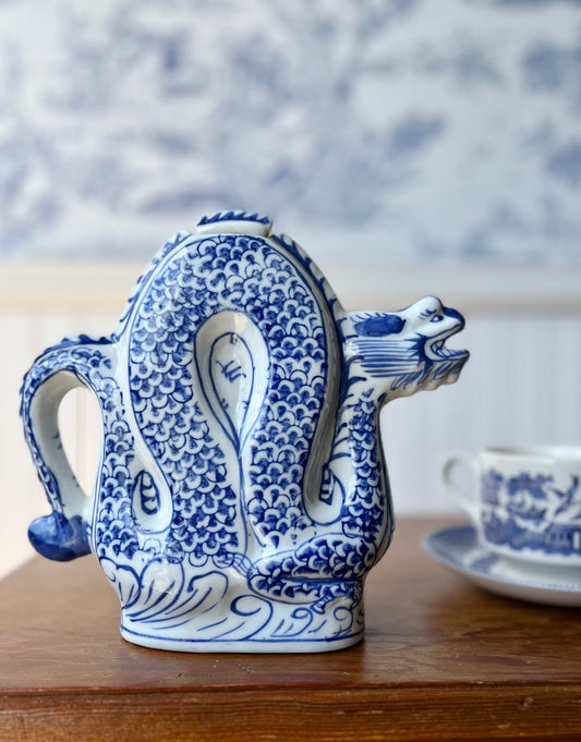 Vintage Hand Painted Blue and White Porcelain Chinese Dragon Teapot with Reign Mark