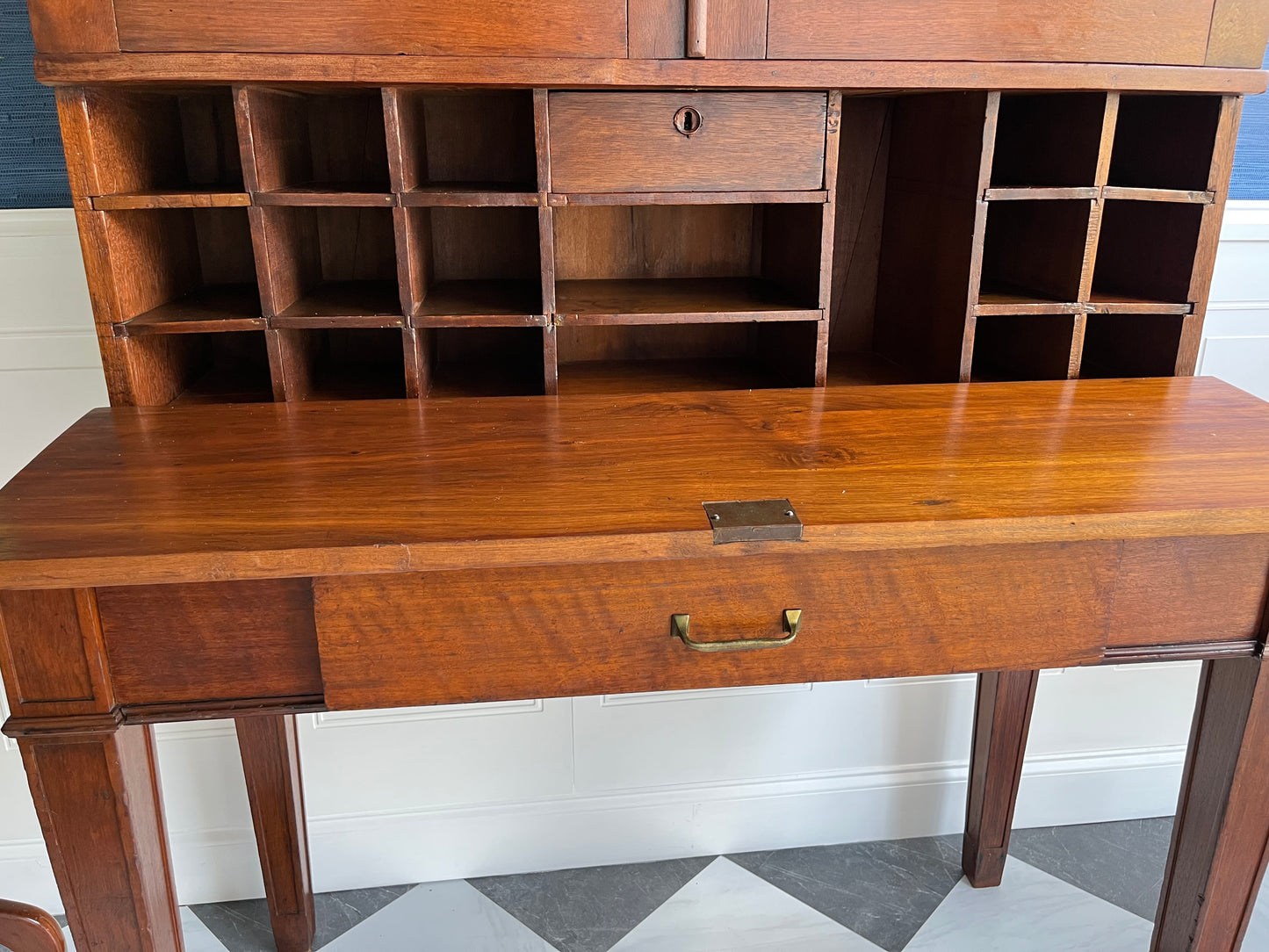 Rare Antique Hand Crafted Secretary Hutch Cabinet Federal Desk with Original Hand Blown Wavy Glass | Adjustable Shelves, Solid Walnut, Circa 1850s