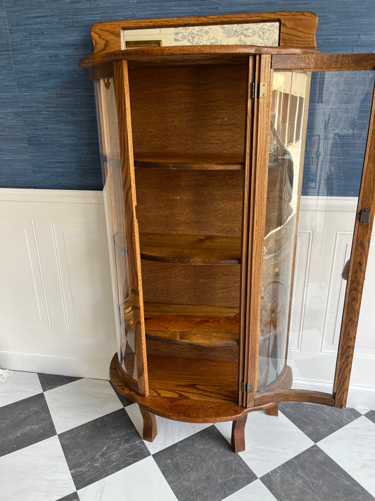 Vintage Oak China Curio Cabinet with Curved Glass & Skeleton Key + Lock | Heirloom Display Showcase