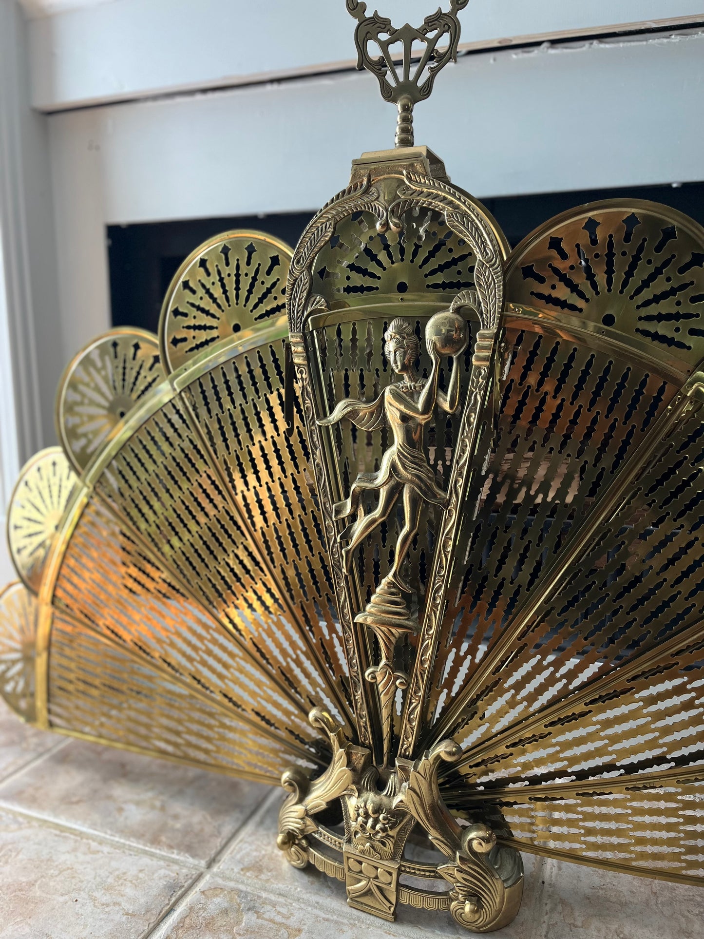 Vintage Brass Peacock Folding Fireplace Screen