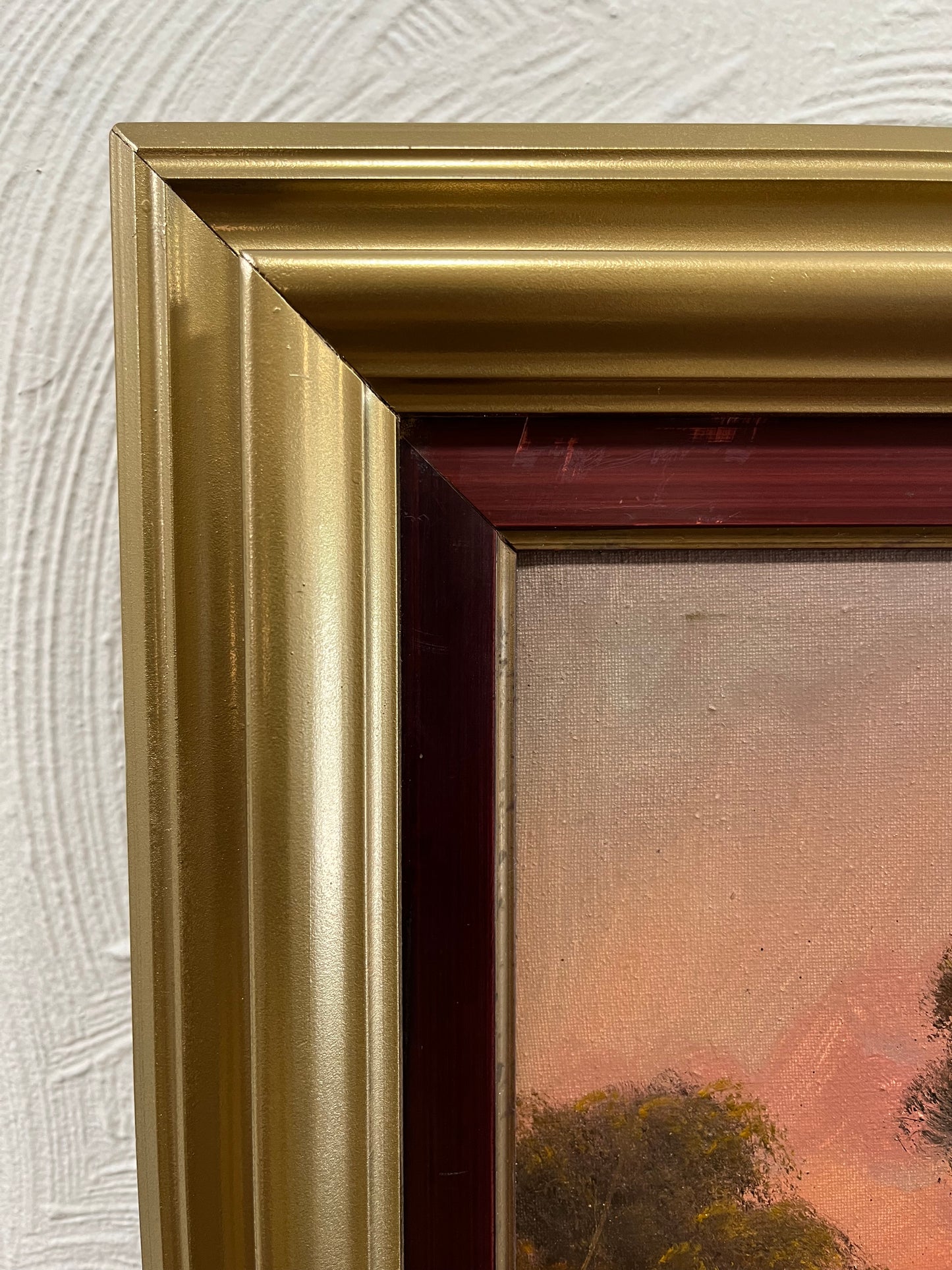 Captivating Pink Sunset Landscape Vintage Framed Canvas Painting from Italy
