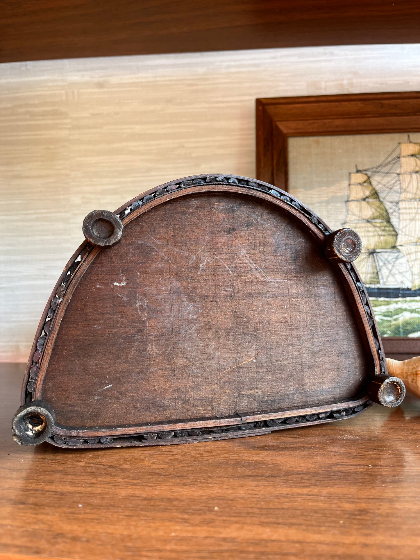 Vintage Bamboo & Rattan Wooden Demi Lune Storage Box