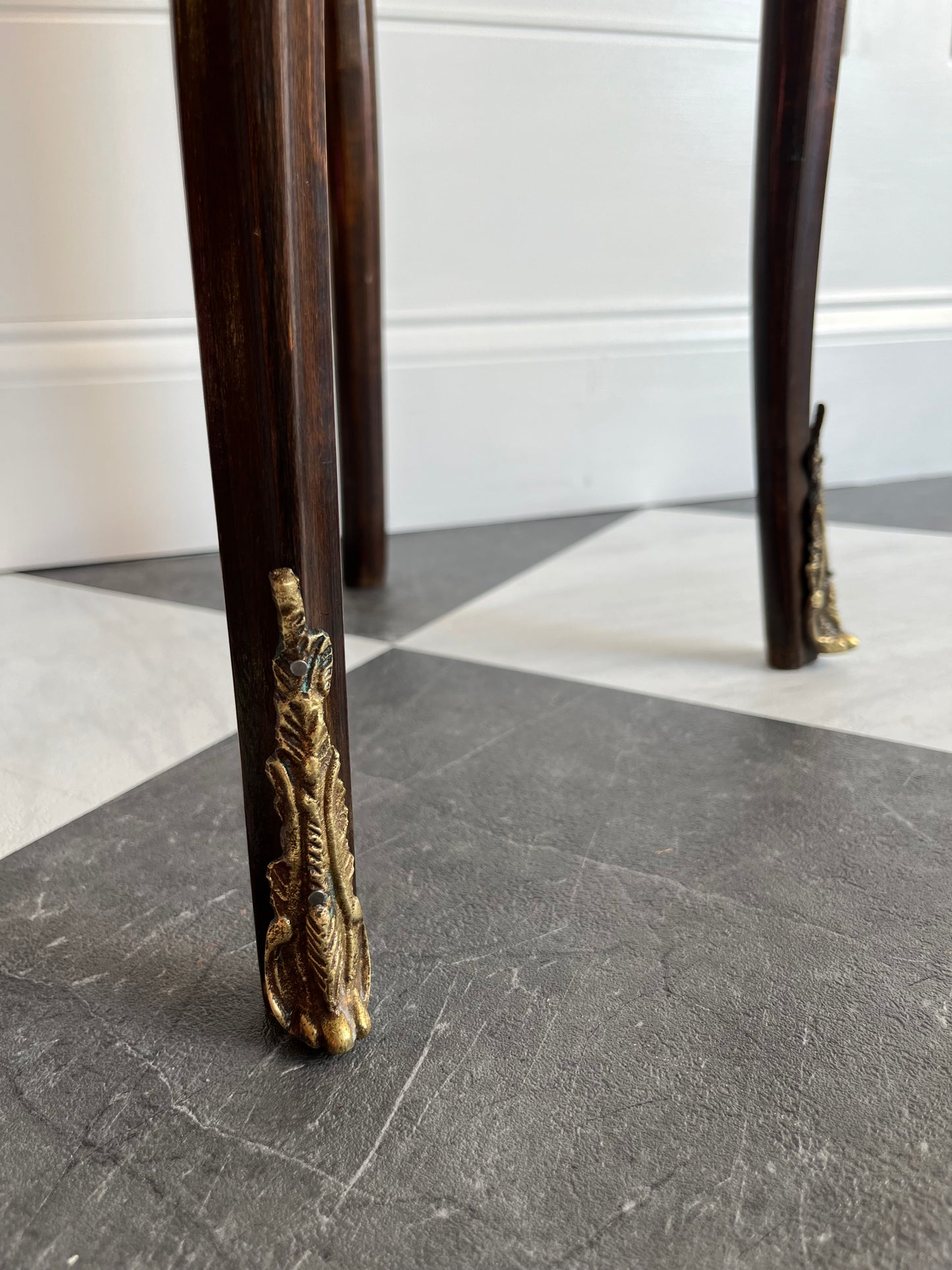 Petite Vintage French Marquetry Side Accent Table with Brass Ormolu Ribbons & Gallery Trim | Nightstand, End Table