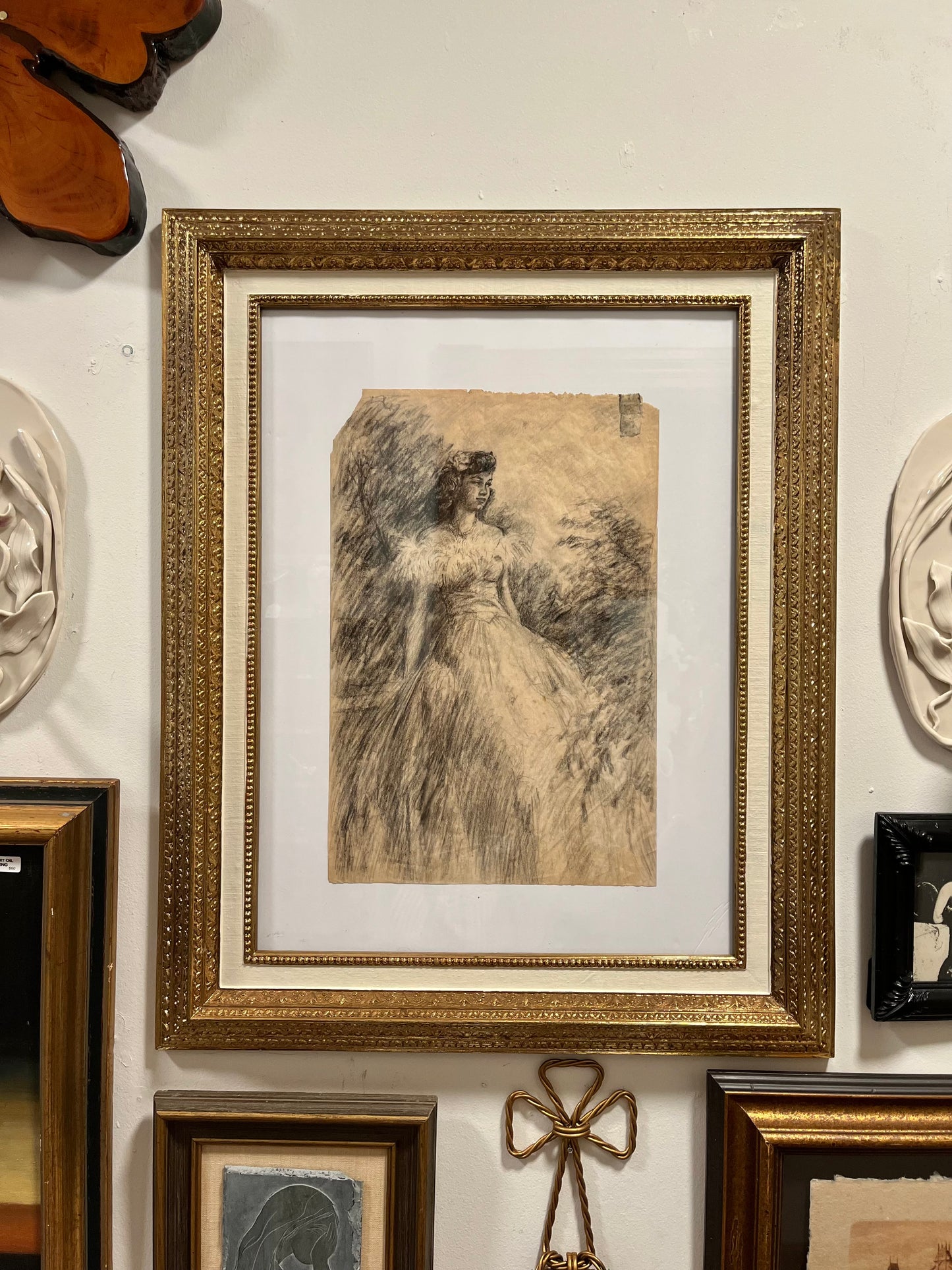 1940s Charcoal Portrait in Ornate Gold Frame