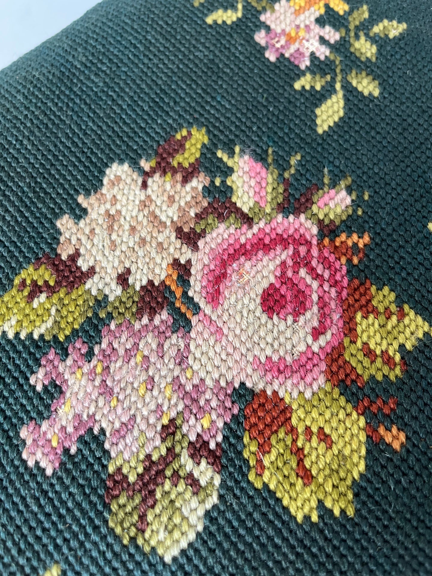 Antique Footstool circa 1880s Hand Needlepoint Floral Tapestry + Carved Wood Footstool Ottoman