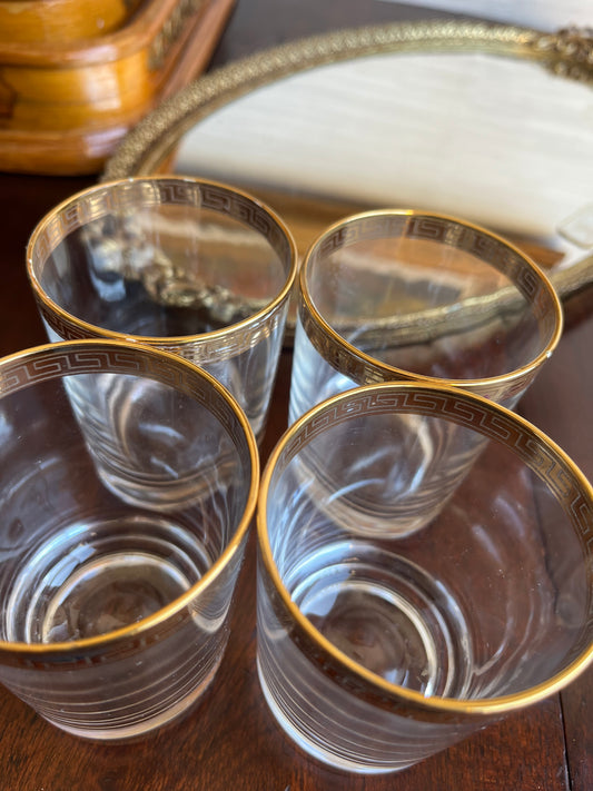 1960s Vintage Cristalleria Fratelli Fumo Greek Key Gold Rim Set of 4  Glasses