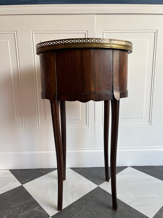 Petite Vintage French Marquetry Side Accent Table with Brass Ormolu Ribbons & Gallery Trim | Nightstand, End Table