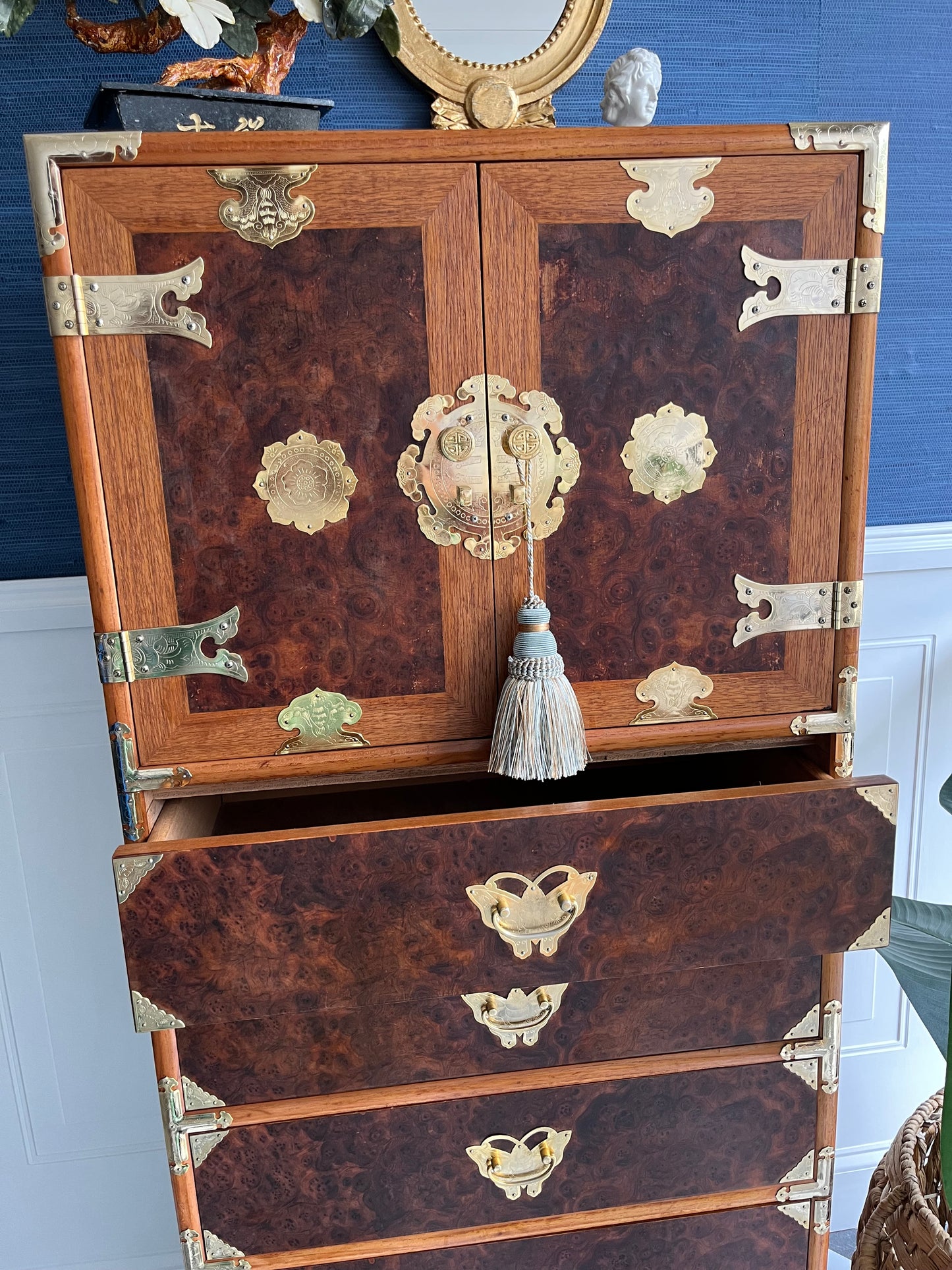 Vintage Korean Tansu-Style Cabinet Lingerie Dresser | Burl Wood & Brass Chest-on-Chest