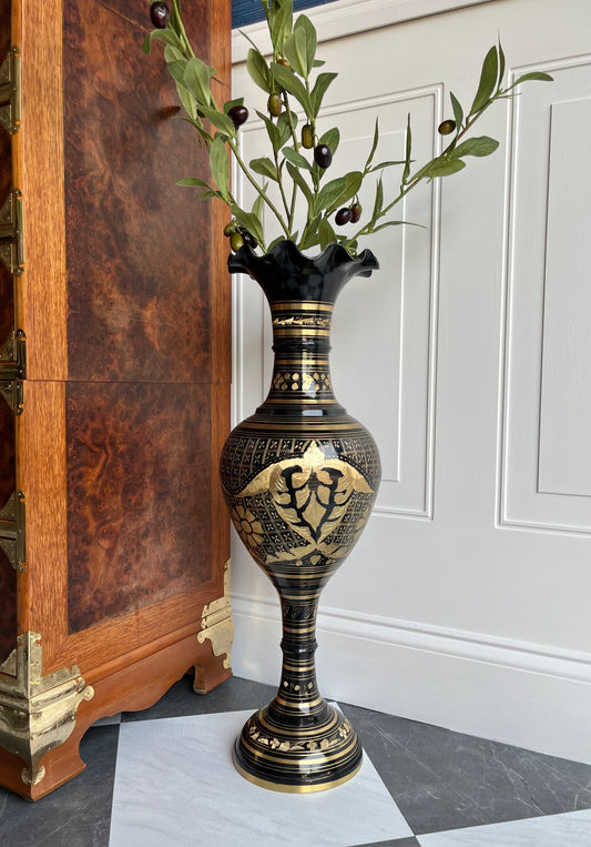 24” Hand-Etched Black & Gold Brass & Enamel Floor Vase – Statement Planter or Decorative Entryway Accent