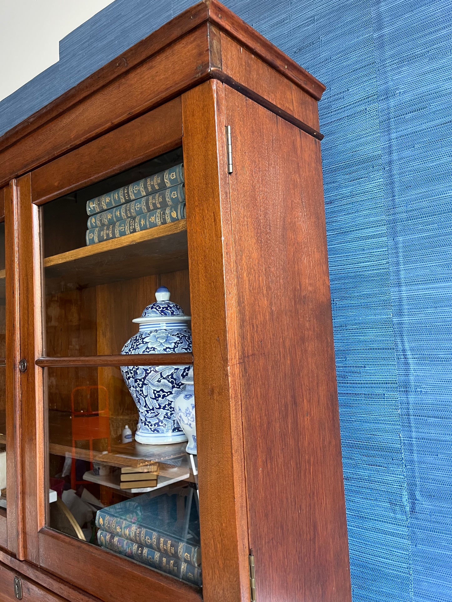 Rare Antique Hand Crafted Secretary Hutch Cabinet Federal Desk with Original Hand Blown Wavy Glass | Adjustable Shelves, Solid Walnut, Circa 1850s
