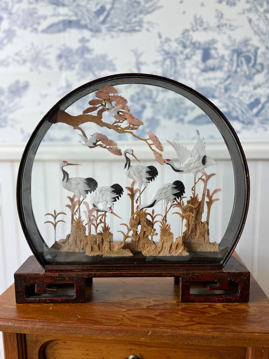 Vintage Glass Encased Chinese Crane Cork & Paper Hand Crafted Diorama