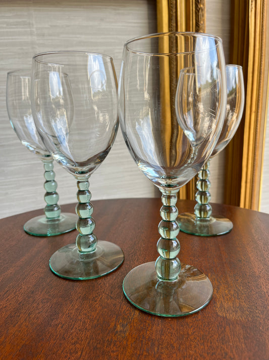 Vintage Libbey Glass Spanish Green Bubble Stemmed Wine Glasses Set of 4