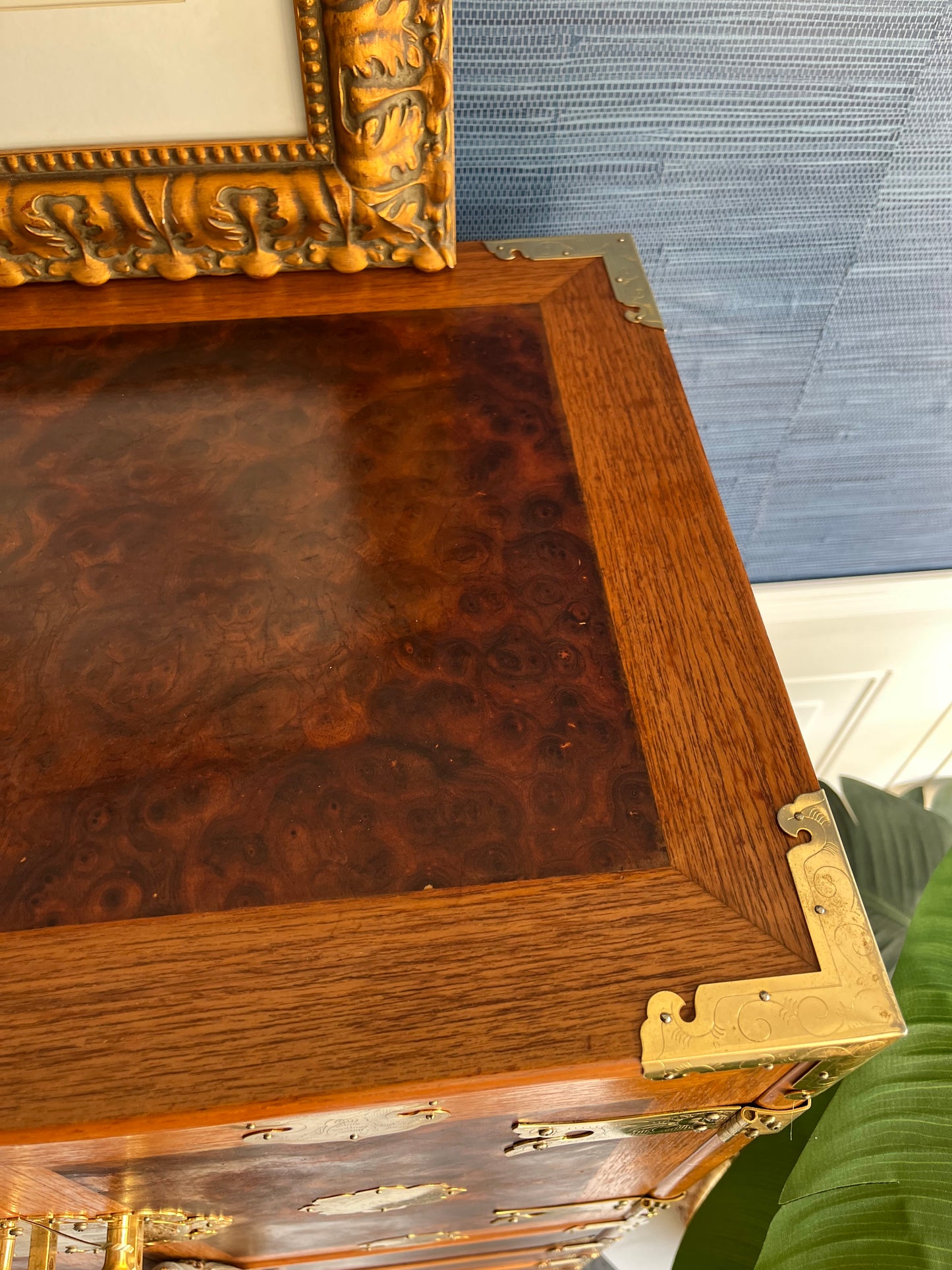 Vintage Korean Tansu-Style Cabinet Lingerie Dresser | Burl Wood & Brass Chest-on-Chest