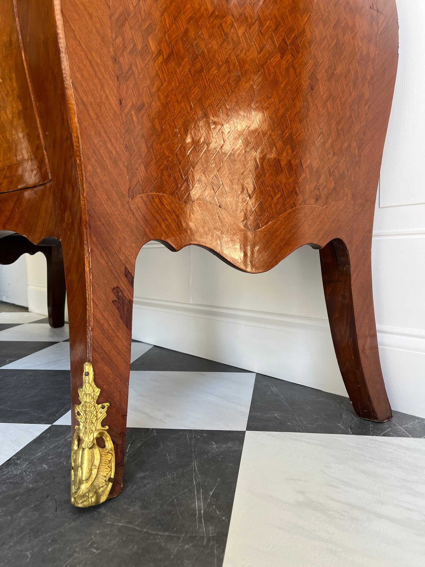 Vintage French Marquetry Bombe Commode Chest Dresser with Green Marble Top & Gilt Brass