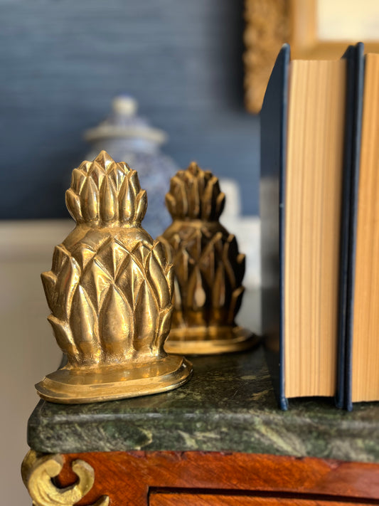 Vintage Solid Brass Pineapple Bookends | Hollywood Regency Palm Beach Decor