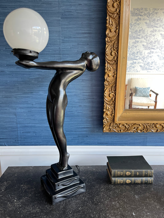 Vintage Black Nude Woman Silhouette Sculpture Globe Lamp | Art Deco Revival Goddess Lighting