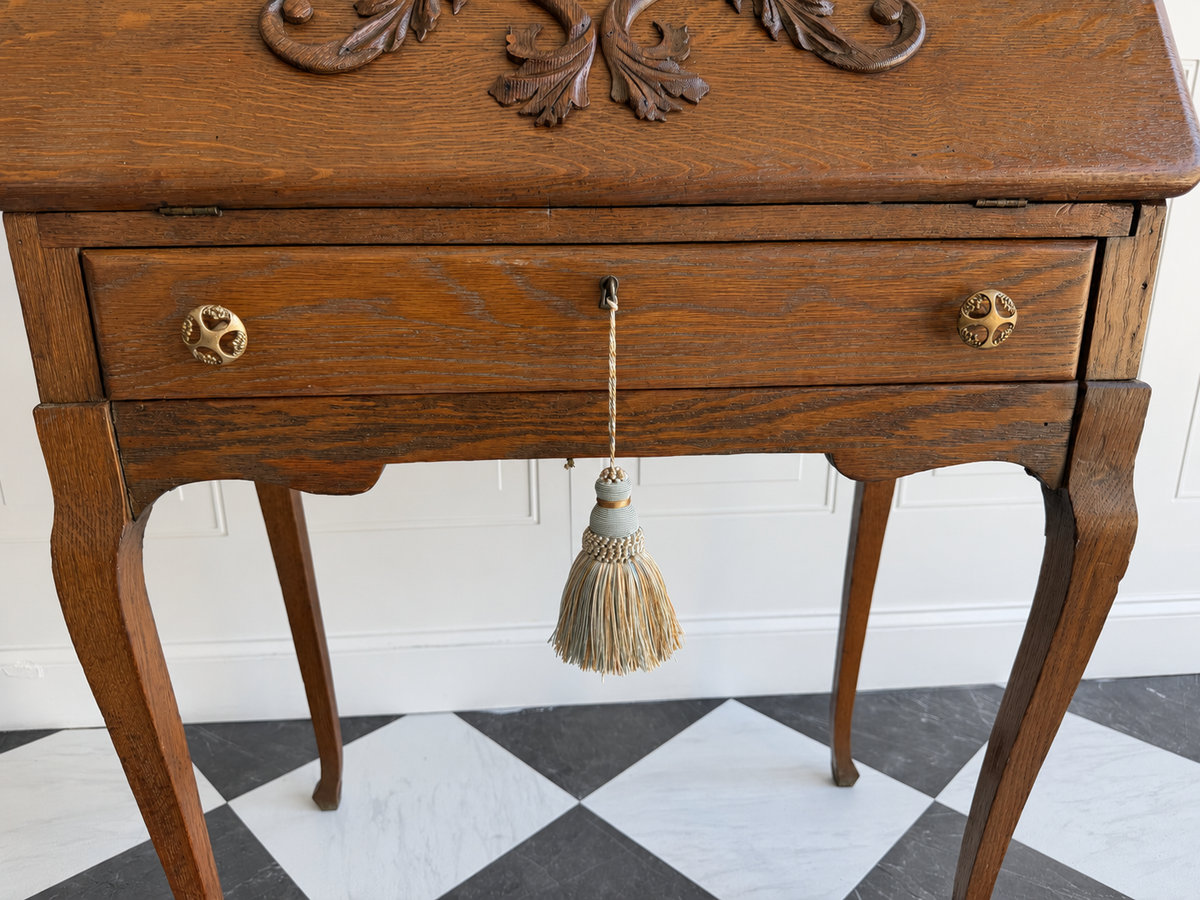 Petite Antique Oak Slant-Front Secretary Ladies Desk with Beveled Mirror & Ram’s-Head Carving