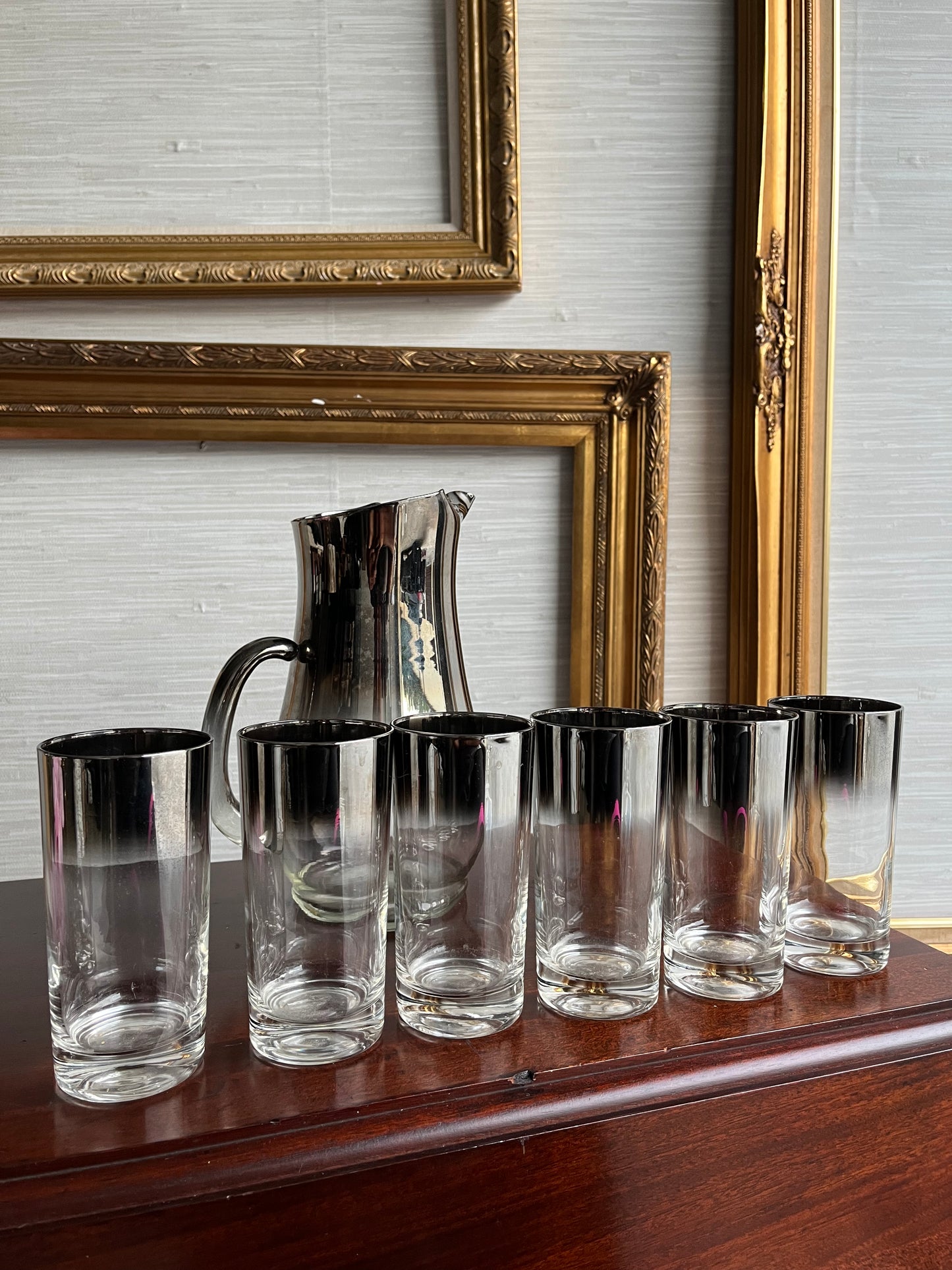 Dorothy Thorpe Style Mid Century Silver Fade Pitcher & Six Highball Glasses