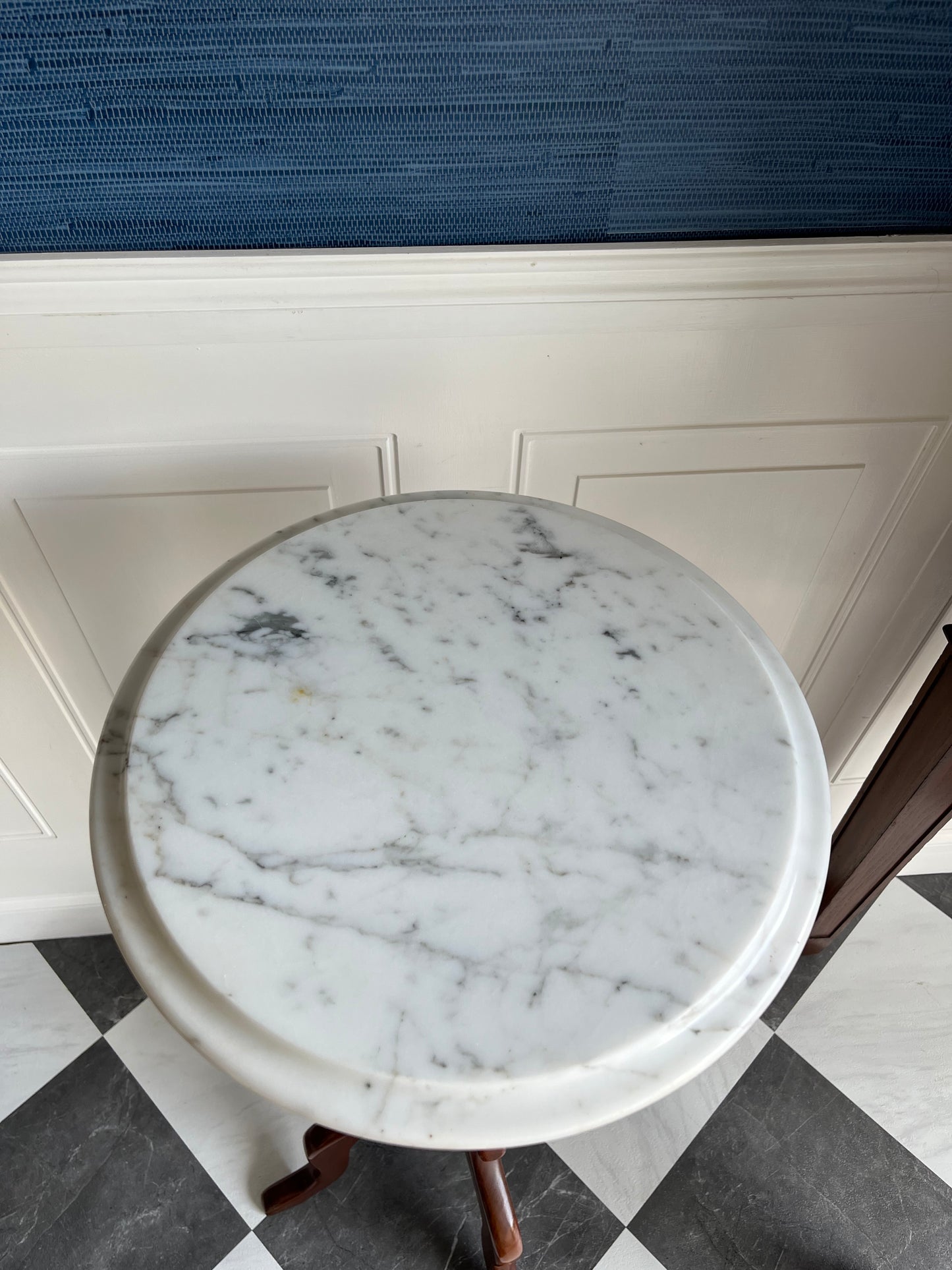 Italian Marble & Mahogany Pedestal Table – Vintage 1950s Plant or Display Stand
