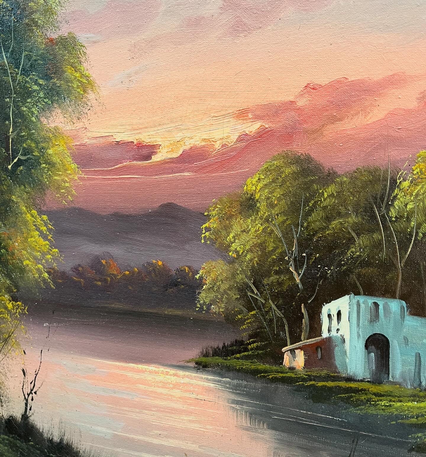 Captivating Pink Sunset Landscape Vintage Framed Canvas Painting from Italy