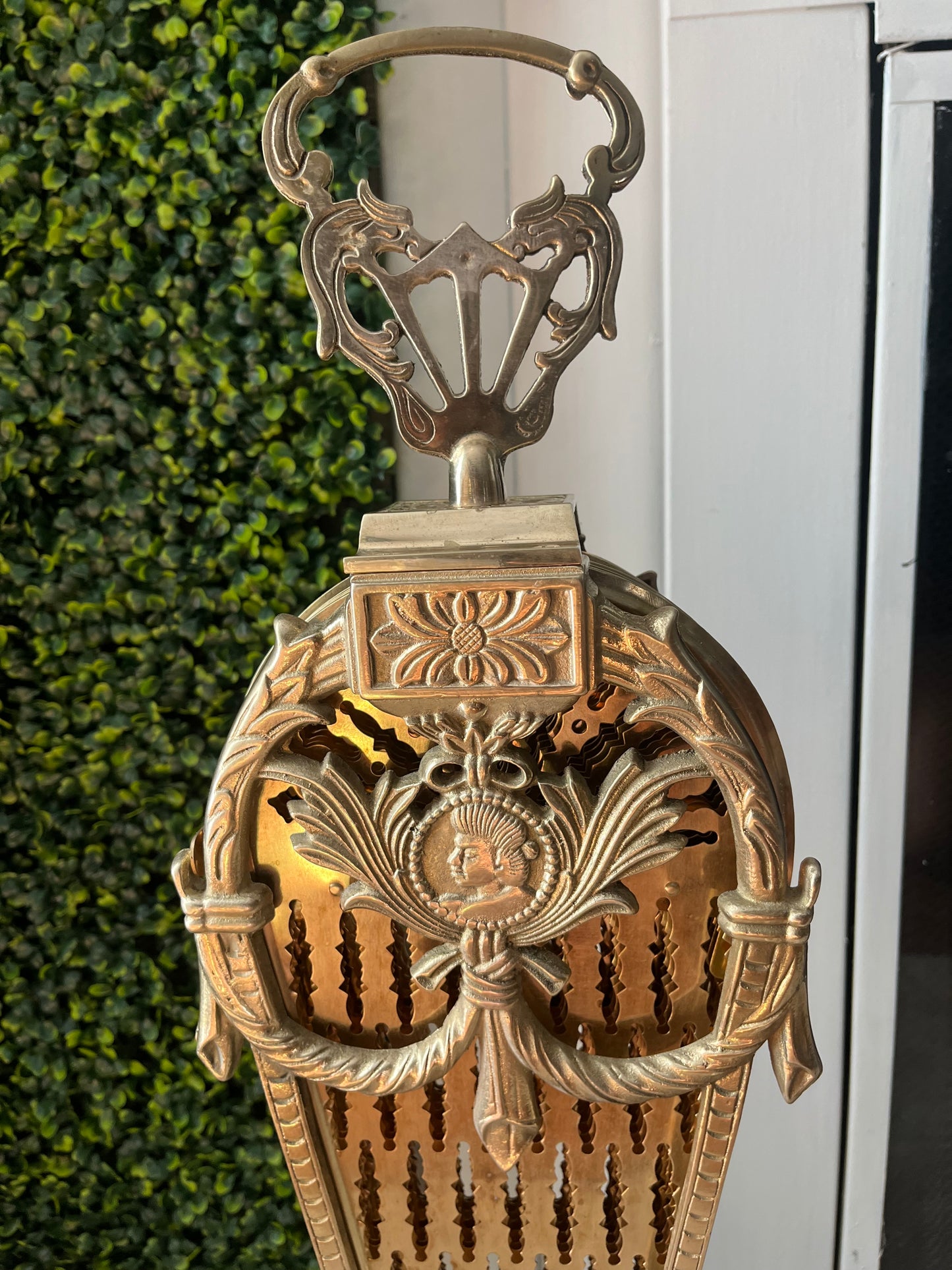 1920s Cameo Victorian Style Brass Peacock Fireplace Folding Fan Screen